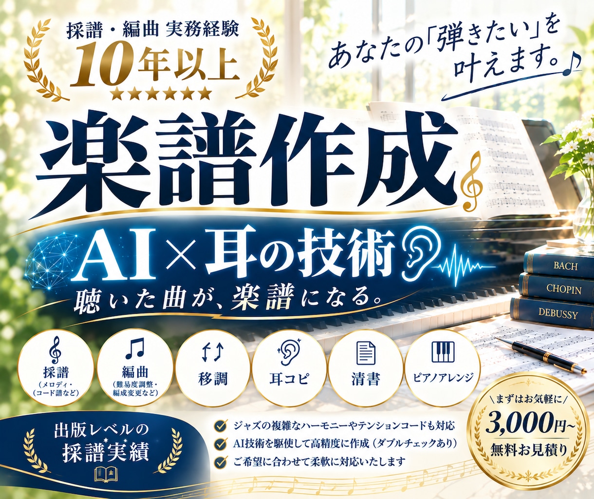耳コピ→楽譜にします ピアノ｜弾き語り｜コード譜｜採譜・編曲経験10年以上 イメージ1