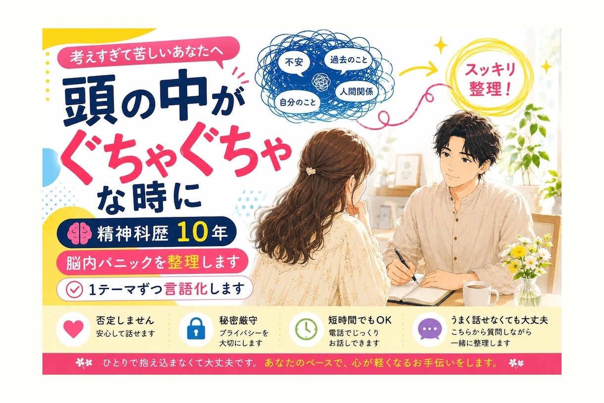 精神科歴10年｜あなたの脳内パニックを整理します あなたのぐちゃぐちゃな悩みを1テーマずつ言語化し整理します イメージ1