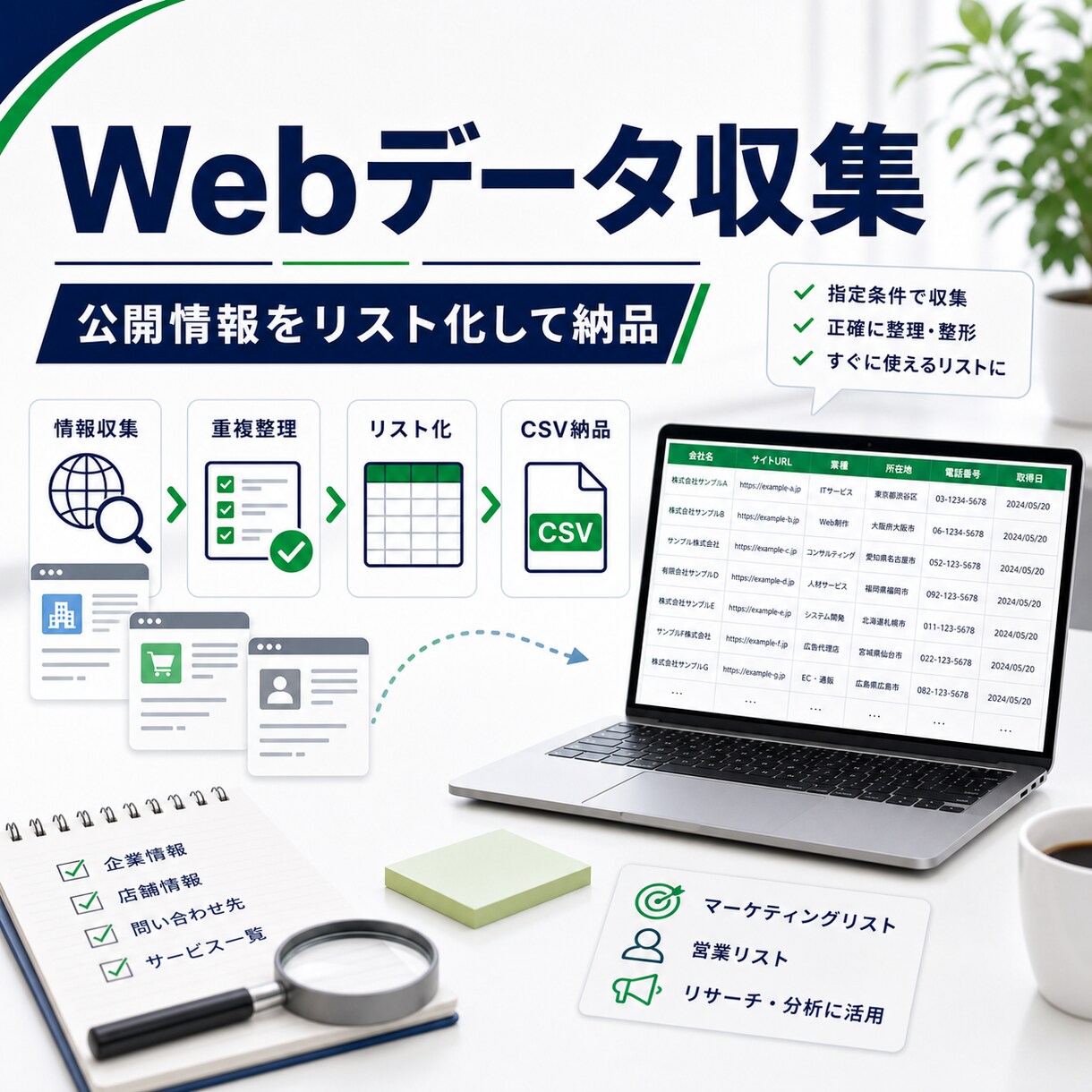 Webデータを収集しリスト化します 公開情報をCSV・スプレッドシートで納品 イメージ1