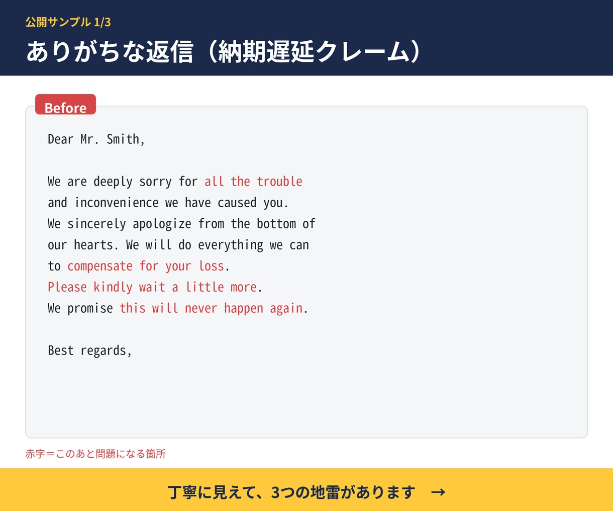 海外との英文メール(クレーム・催促等)を添削します 相手を怒らせず要求を通す。「なぜこう書くか」の解説つき イメージ2