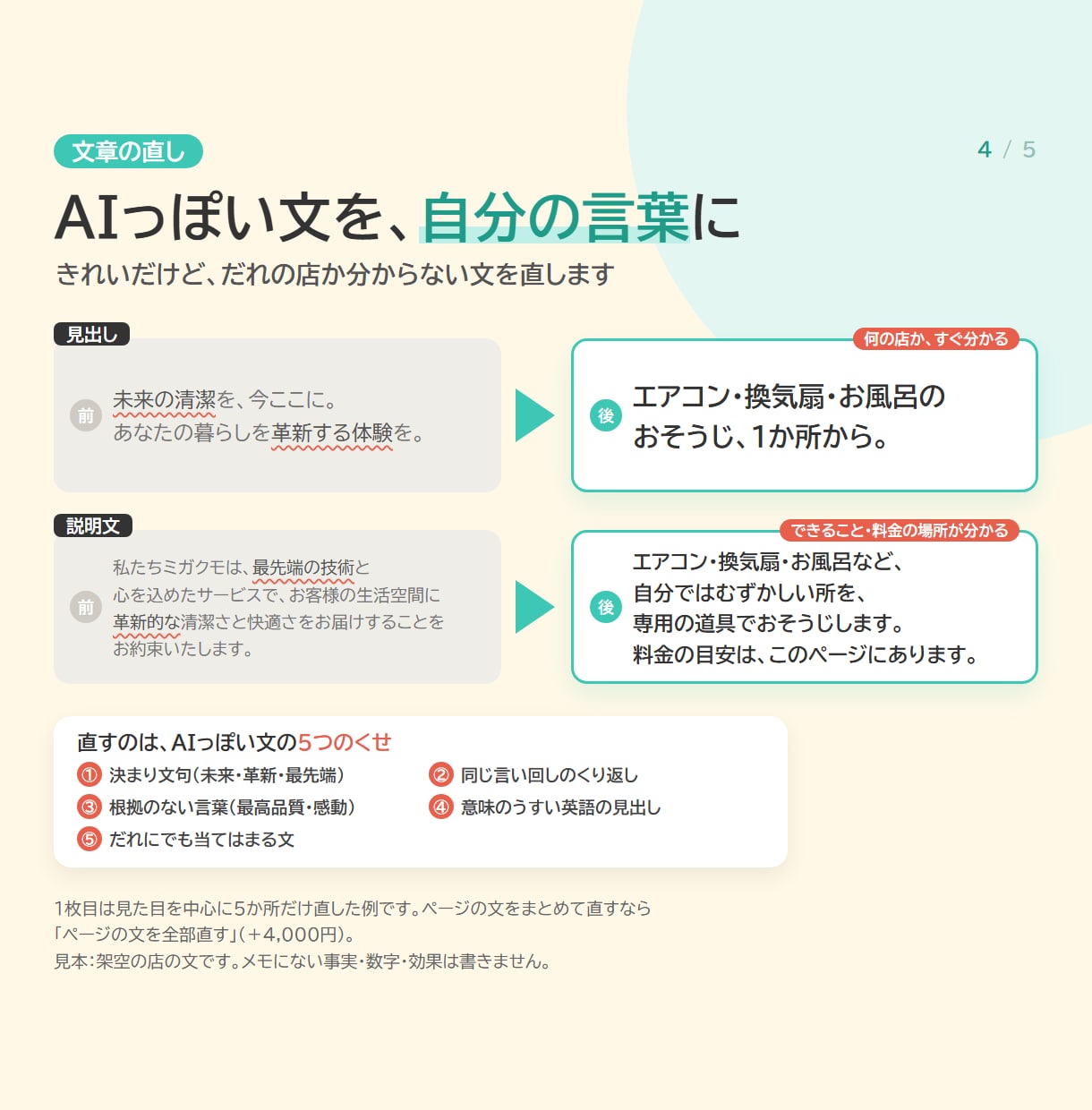 AIで作ったHP・LPの崩れと文章を修正します 直す5か所を購入前に無料で提案｜スマホ崩れ・AIっぽい文 イメージ4
