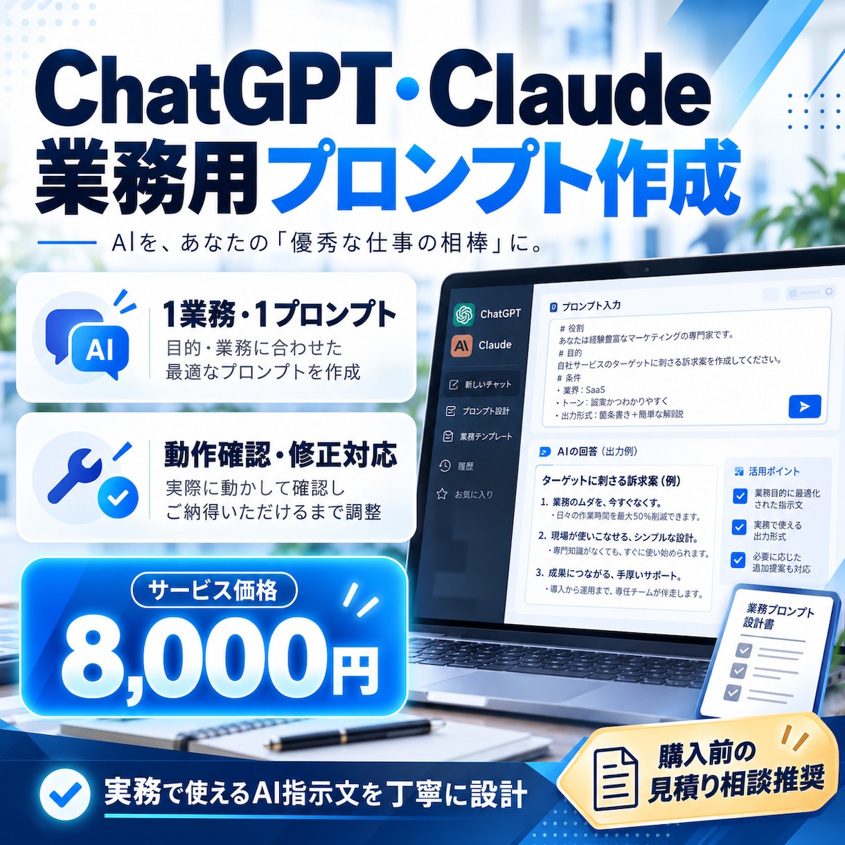 ChatGPT等の業務用プロンプトを作成します 日々の業務に合わせた実用的なAI指示文を設計 イメージ1