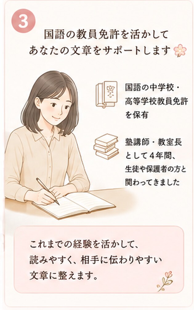 伝えたい気持ちを、自然な言葉に整えます 国語教員免許×教室長4年！文章が苦手な方を丁寧に添削✨ イメージ3