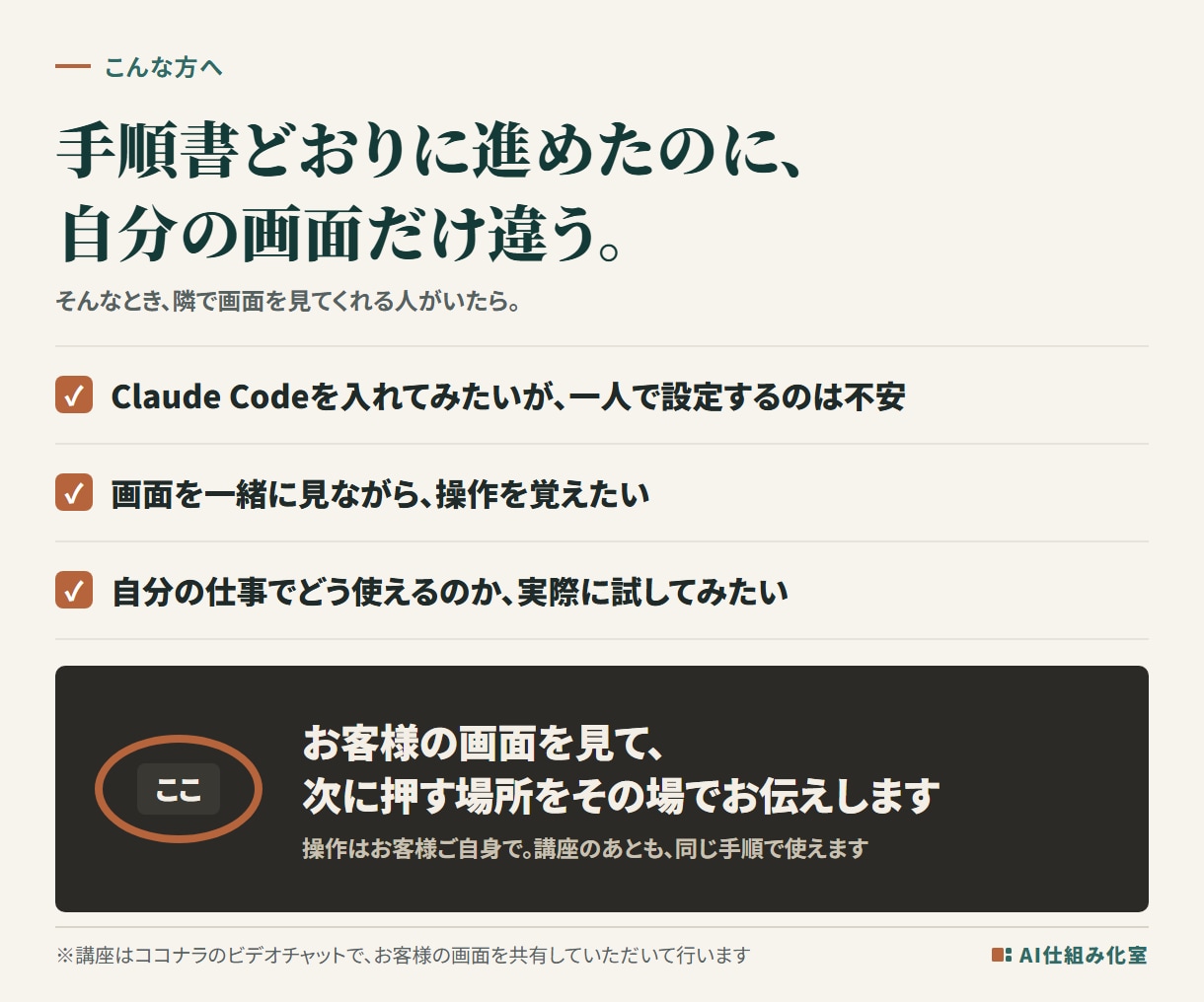 Claude Code入門｜画面を見ながら教えます 60分×2回｜導入からお店の作業で試すところまで イメージ2