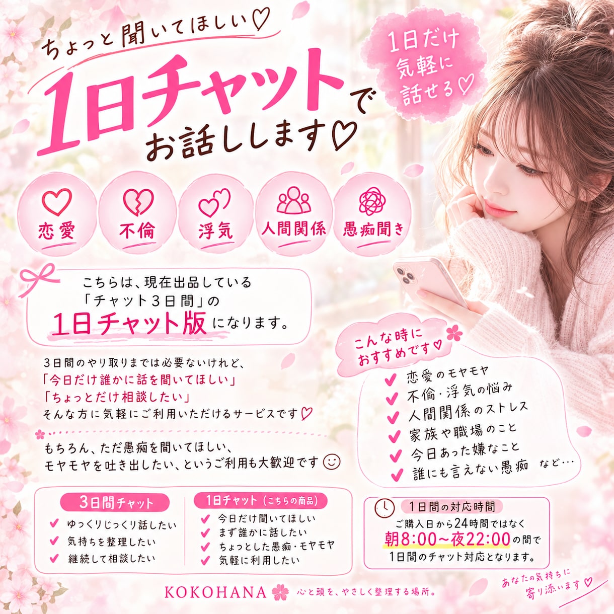 三日間チャットの１日版になります 三日間チャットよりも１日だけ聞いて欲しい♡１日版チャット イメージ1