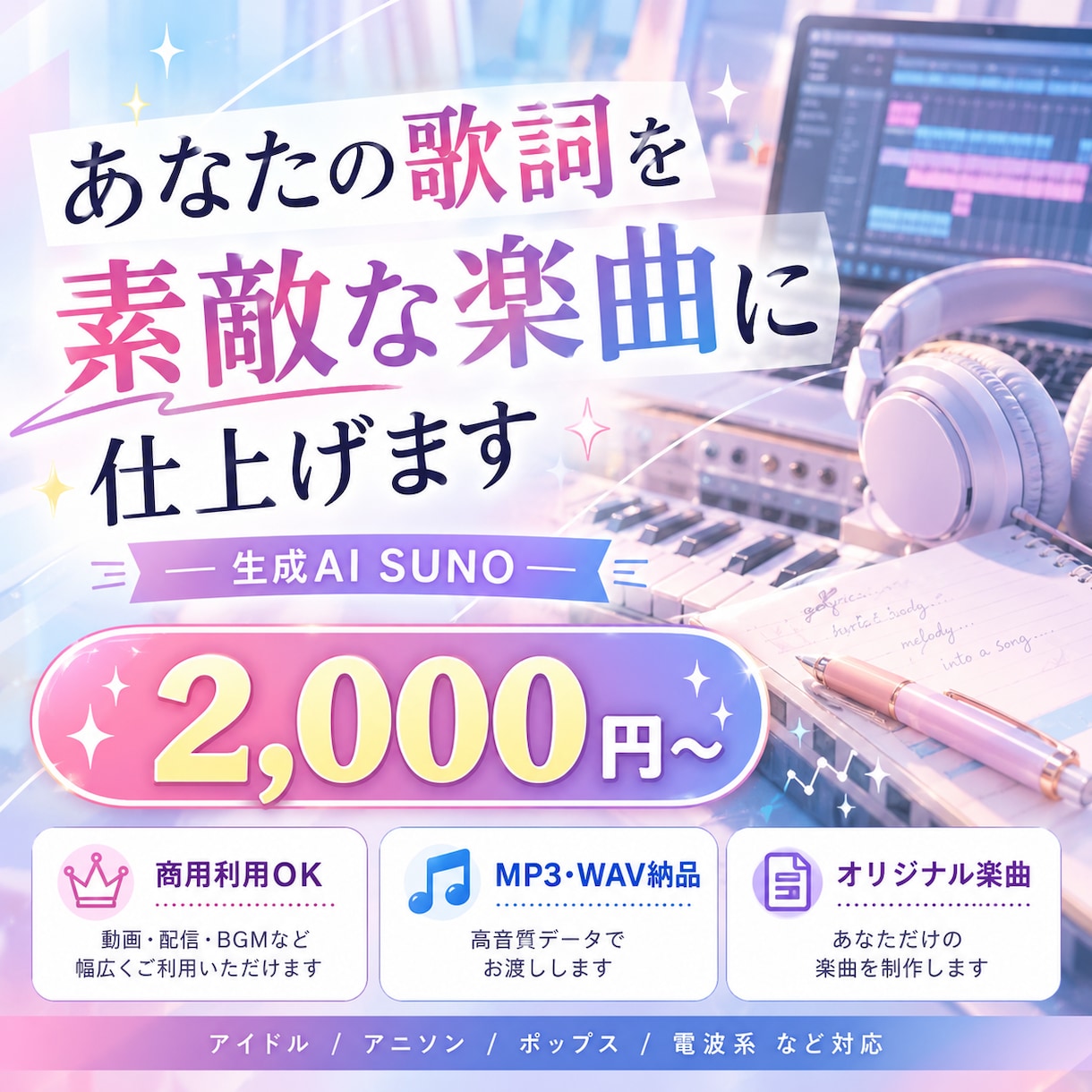 あなたの歌詞を生成AI SUNOで楽曲にします さくっと自分だけの曲が欲しい方へ/商用利用OKな楽曲を提供 イメージ1