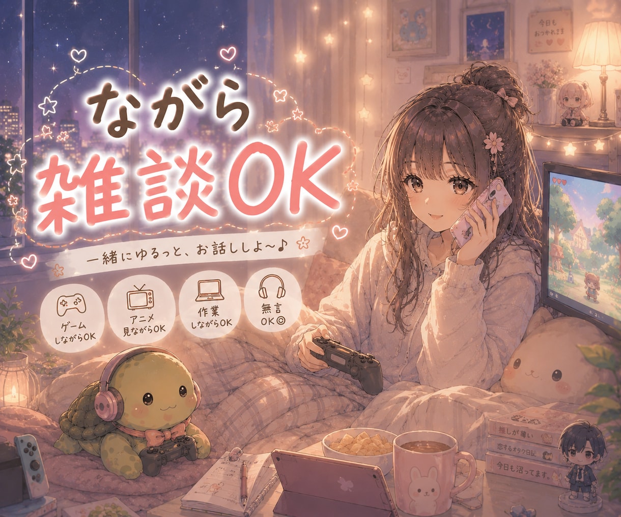 ながら雑談OK!お互い気を使わない雑談にします 作業、ゲーム、アニメ、YouTube、勉強、片付け、しながら イメージ1