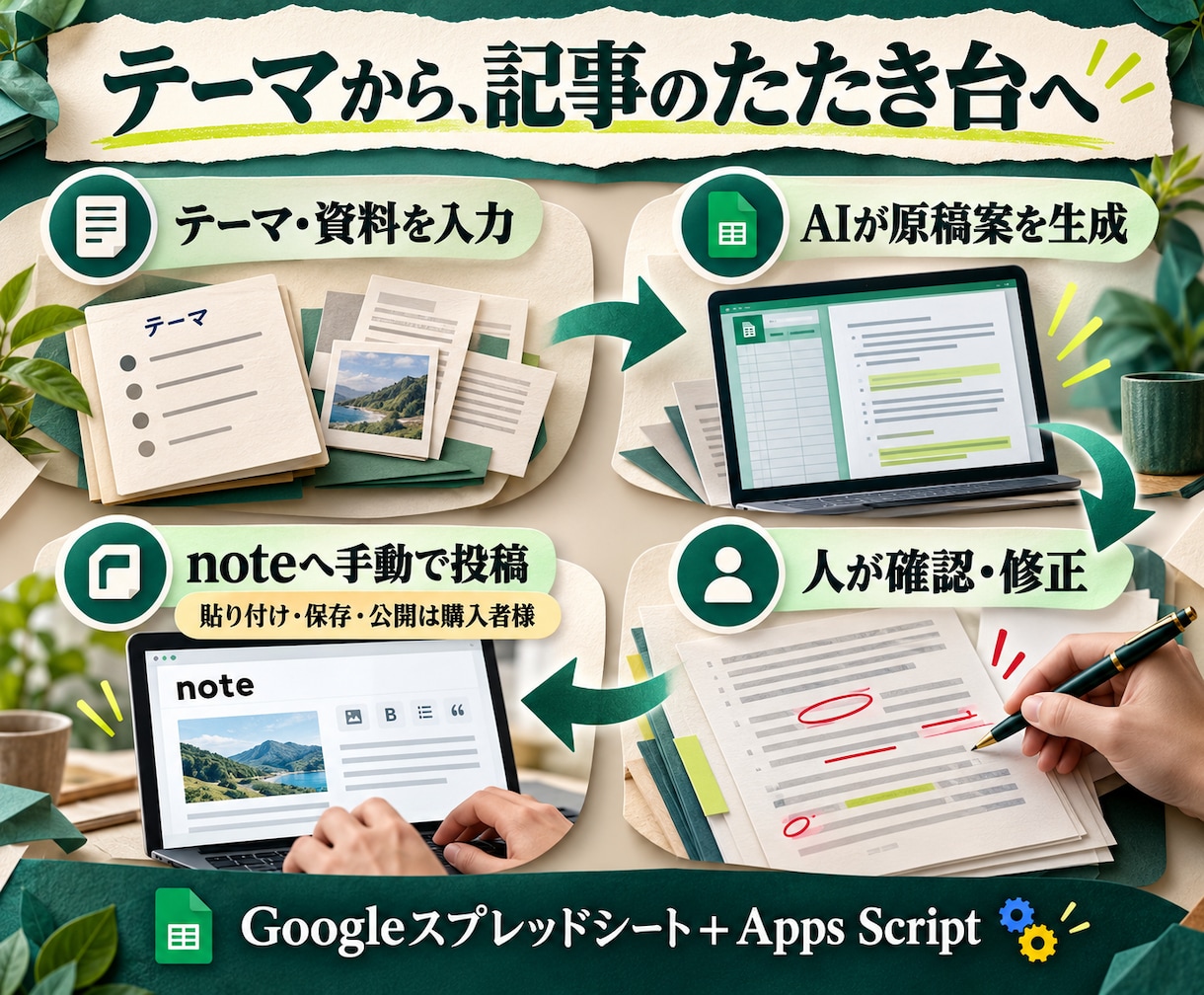 note無料ユーザー向けAI記事作成を整えます 記事案を生成し、確認後にnoteへ手動で貼り付け イメージ2