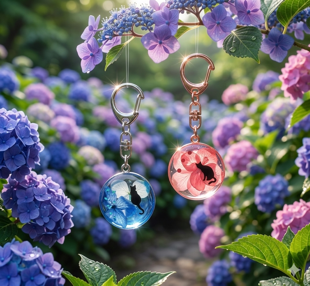 紫陽花と猫のキーフォルダー販売します 雨の景色を紫陽花の色で色付けしませんか イメージ1