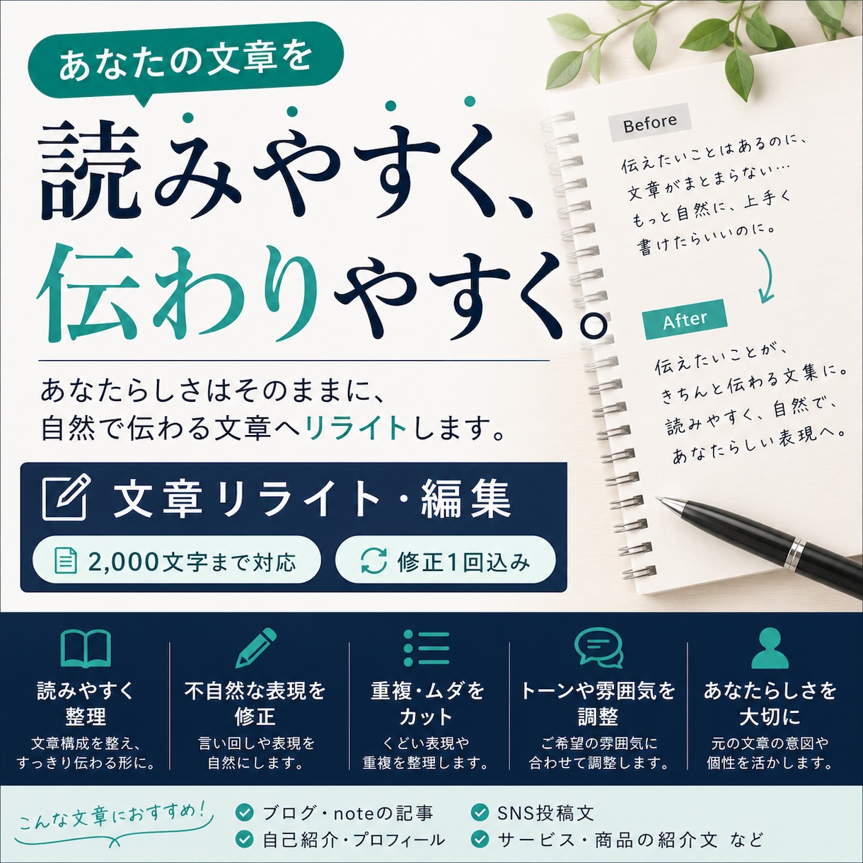 読みやすく伝わる文章にリライトします あなたらしさを残しながら自然な文章に整えます イメージ1