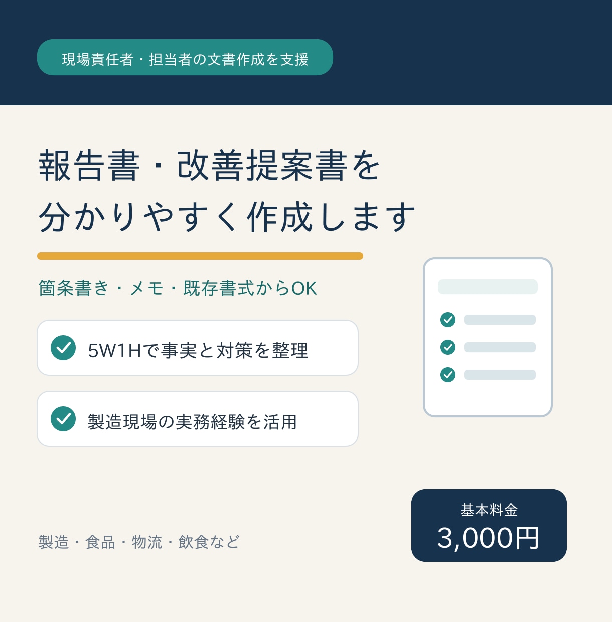 現場の報告書・改善提案書を作成します 製造・食品現場のメモを5W1Hで伝わる文書に整えます イメージ1