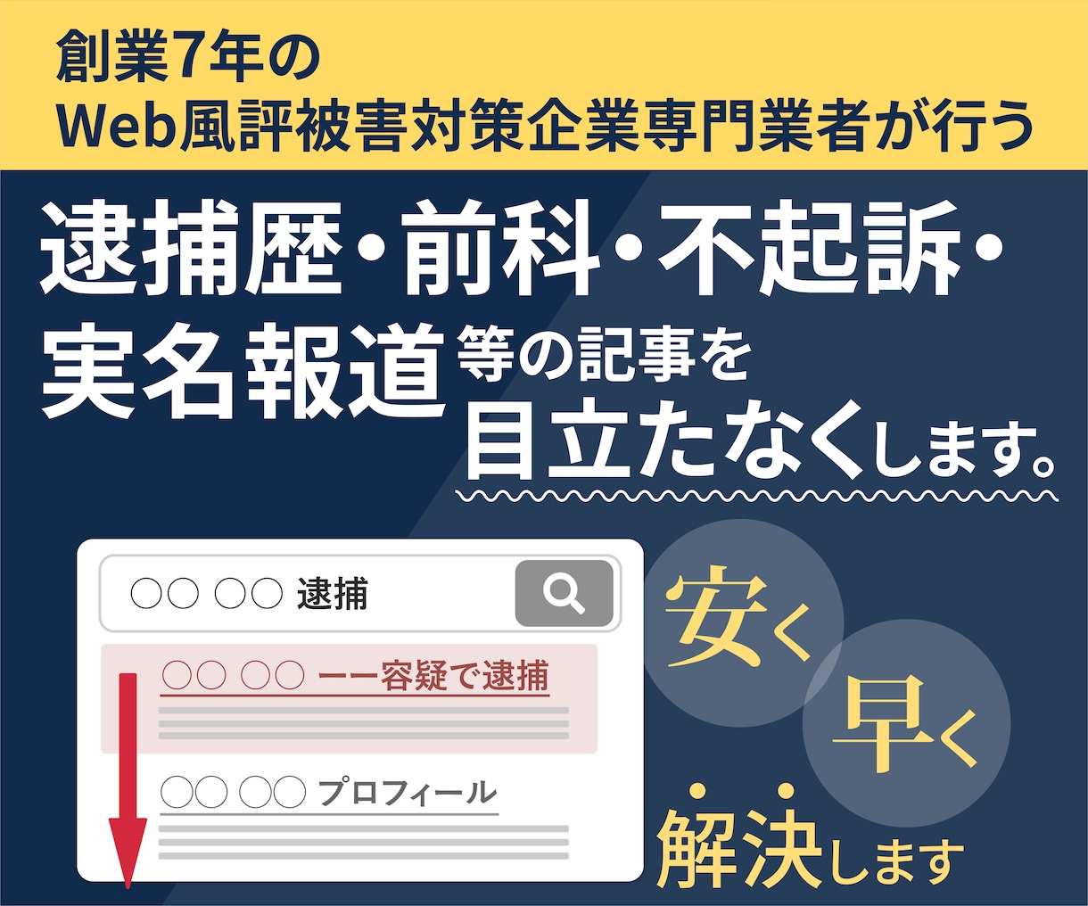 逮捕歴・実名報道などのネット拡散情報を鎮静します 逮捕歴・前科・不起訴・実名報道等、拡散情報を目立たなくします イメージ1