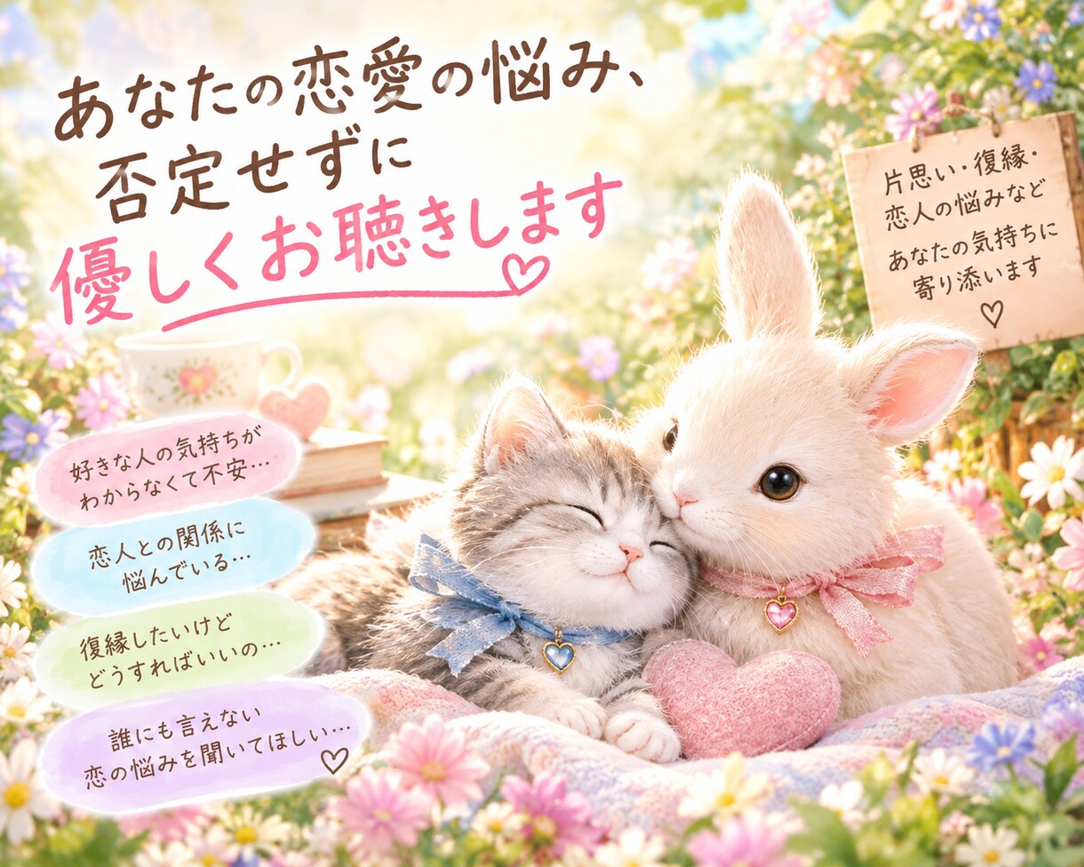 あなたの恋愛の悩み、否定せずに優しくお聞きします 片思い・復縁・恋人との悩みも、あなたの気持ちに寄り添います イメージ2