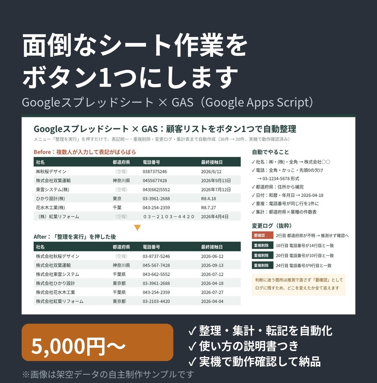 スプレッドシート作業をGASで自動化します 整理・集計・転記をボタン1つで終わらせます イメージ1