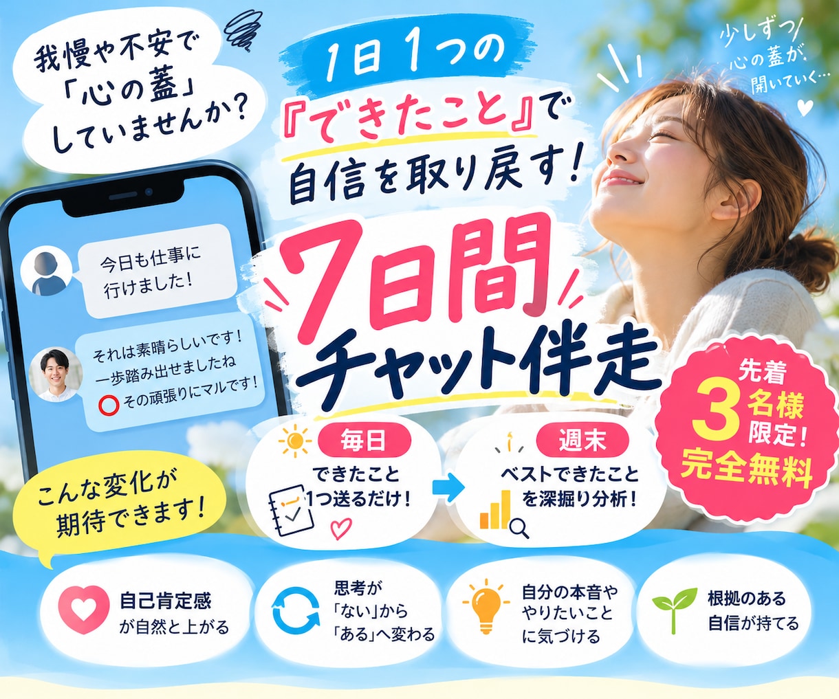 1日1つの「できた」で自信を育てるサポートします できたこと探しで自分を好きになる★1週間徹底寄り添いチャット イメージ1