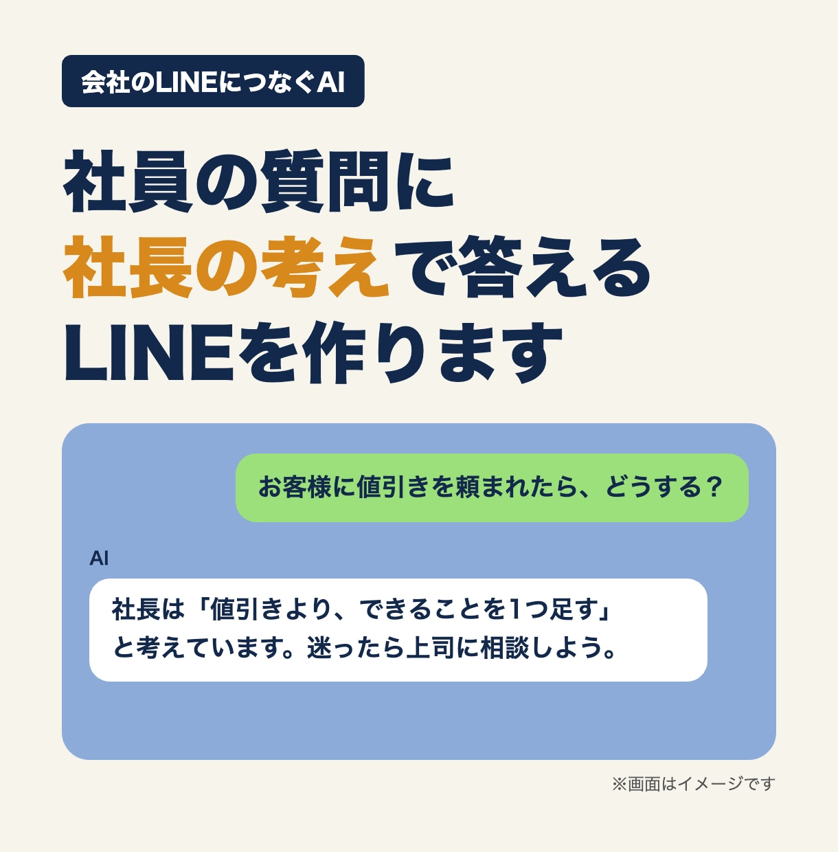 社員に社長の考えで答えるLINEを作ります 会社の決まりや社長の考えを覚えたAIが、社員の質問に答えます イメージ1