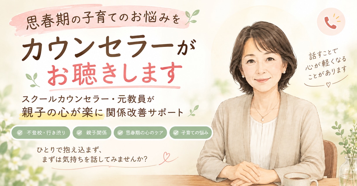 思春期の子育ての悩みをカウンセラーがお聞きします スクールカウンセラー・元教員が親子の心が楽に関係改善サポート イメージ1