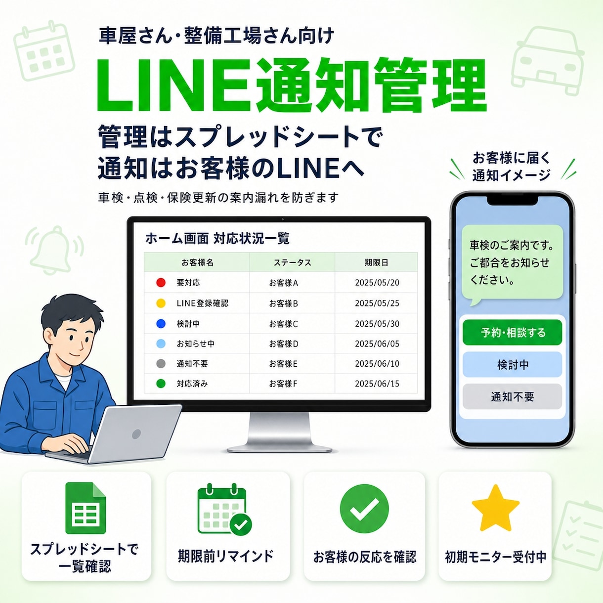 車検・点検・保険更新のLINE案内管理を作ります 初期モニター価格での受付中です イメージ1