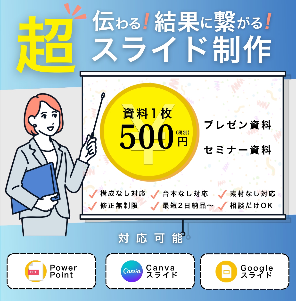 1ページ、500円〜スライド作成します PowerPoint•Canva•Google全てOK イメージ1