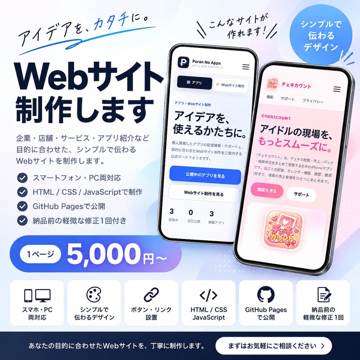 ご要望に沿ったWEBサイトを制作します 1ページ5,000円｜スマホ対応・デザイン相談対応します。 イメージ1