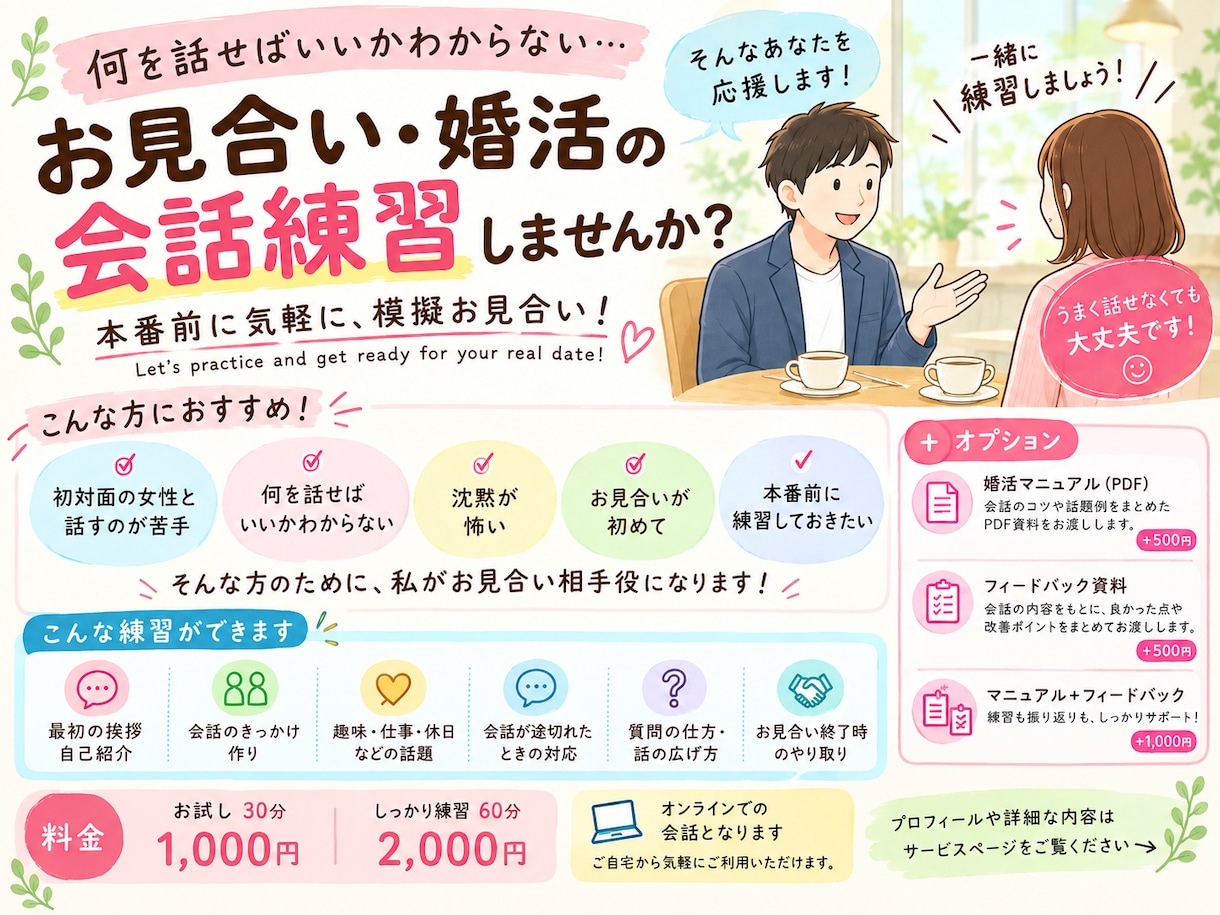 9月迄のお試し価格★お見合い・婚活の会話練習します 「何を話せばいいかわからない…」を本番前に練習しませんか？ イメージ1