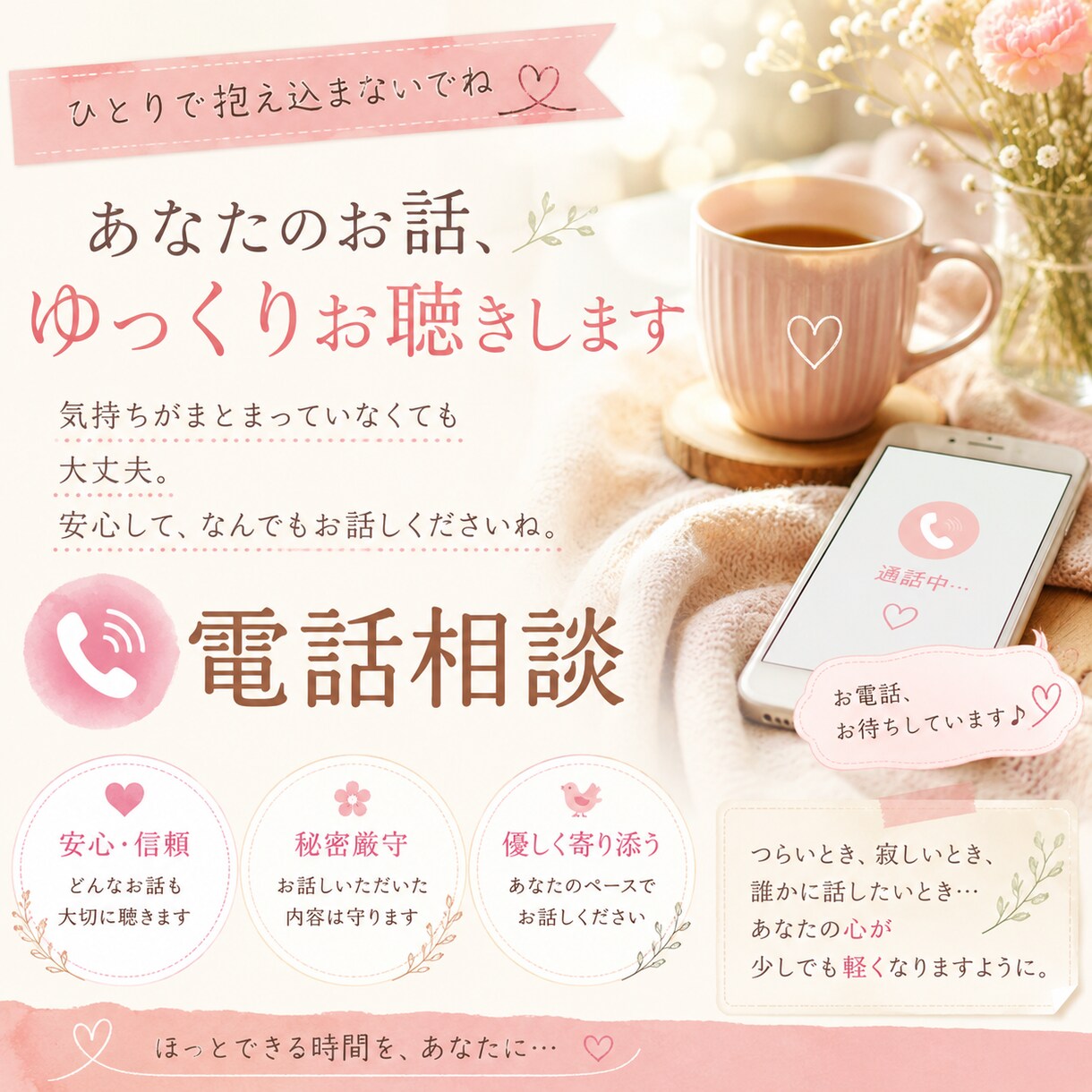 日々の生活のお悩み、相談何でもお話お聞きします 日々の生活でお疲れのあなた。話して心を楽にしてみませんか？ イメージ1