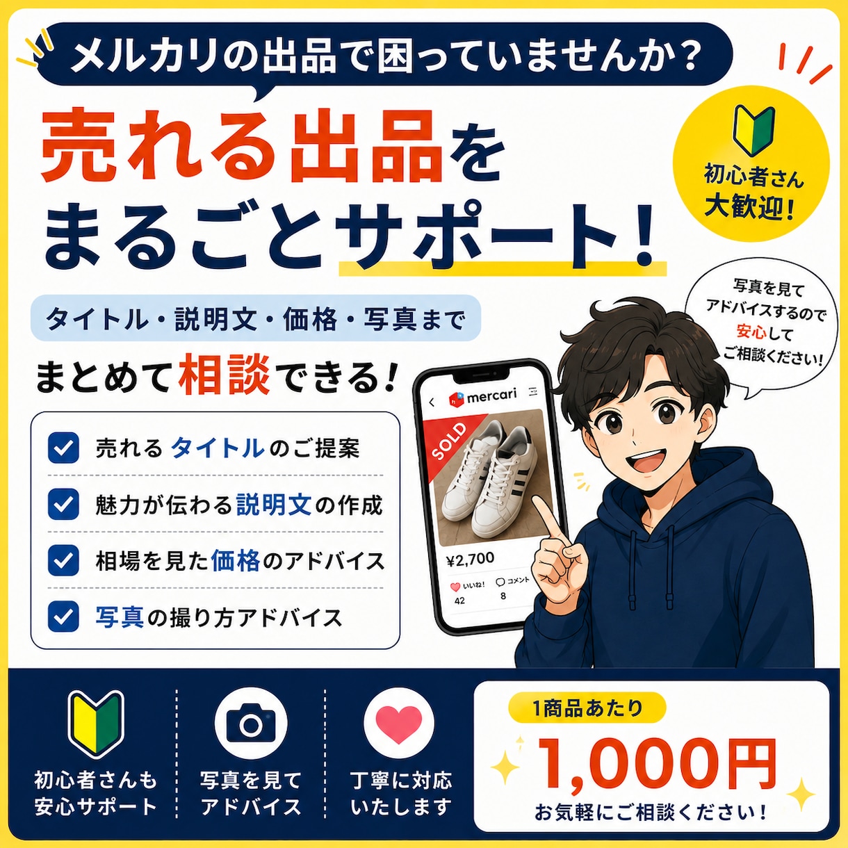 メルカリ出品のお悩みを一緒に解決します 写真・タイトル・説明文価格まで1商品を丁寧にアドバイスします イメージ1