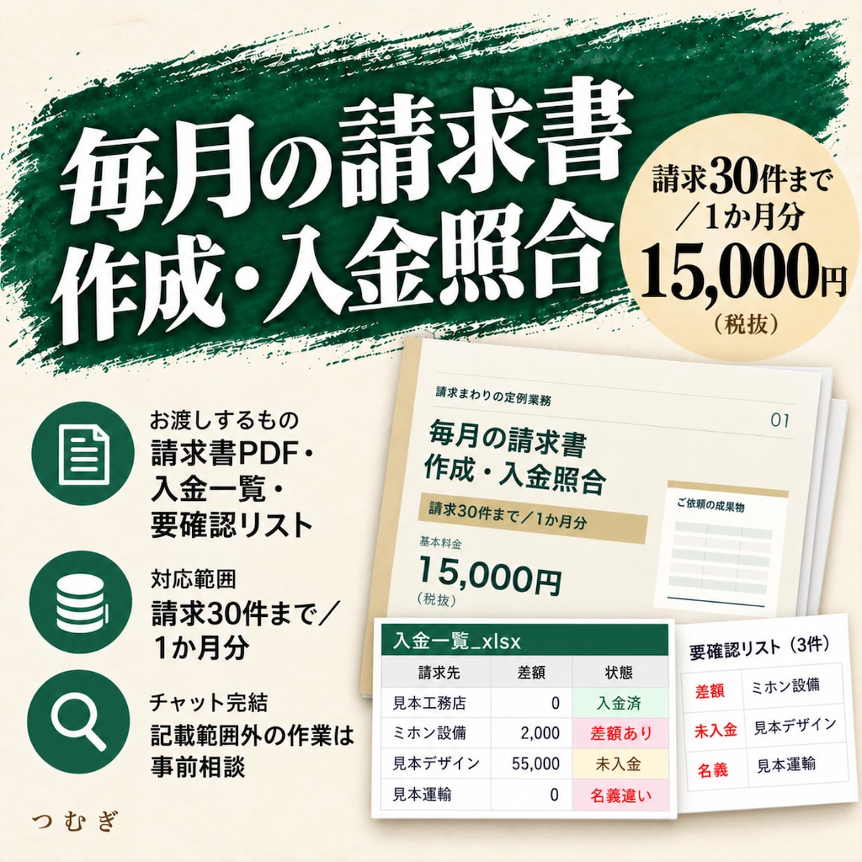 丸投げOK！月末の請求書作成と入金確認を代行します 即日返信。請求30件まで。請求書PDFと入金一覧を毎月納品 イメージ3