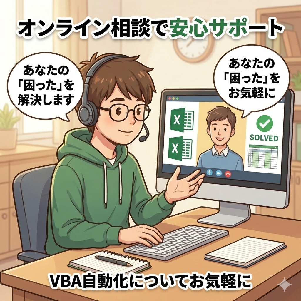 Excelの関数やVBAの相談に寄り添い解決します 【初心者歓迎】画面を使って分かりやすくお伝えします イメージ1