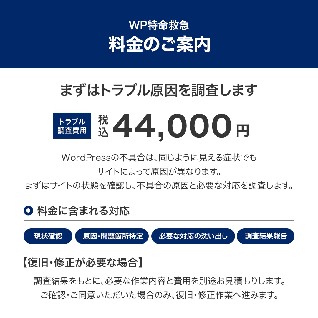 WordPressの不具合・エラーの原因調査します 原因不明・他社制作もOK！必要な対応まで詳しくご報告 イメージ6