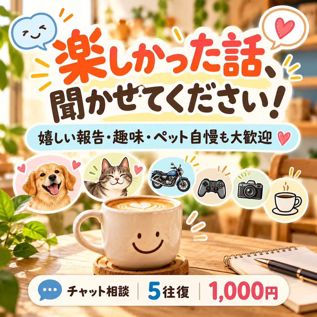あなたの楽しかった話をお聞きします 嬉しい報告・趣味・ペット自慢など、気軽に聞かせてください！ イメージ1