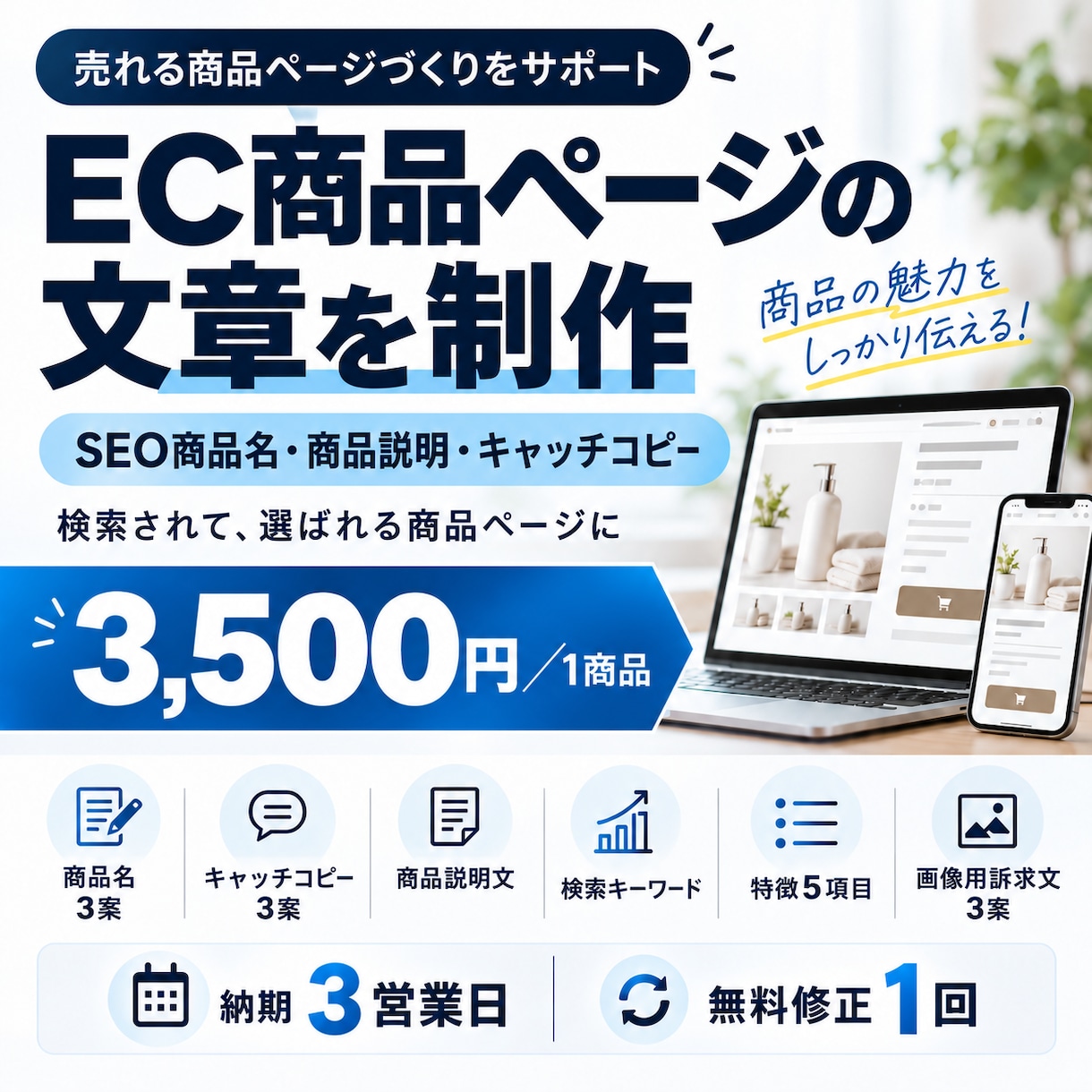 EC商品ページのSEO文章を一式作成します 商品名3案・説明文・訴求コピーまでまとめて納品！ イメージ1