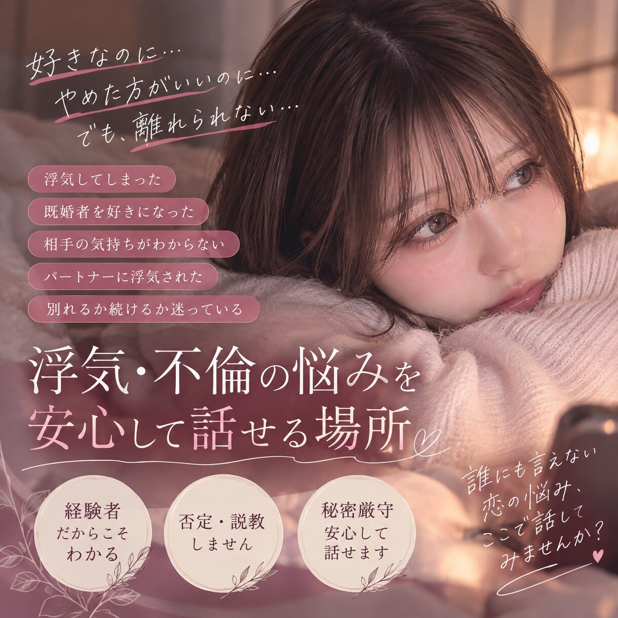 浮気経験者があなたの本音と悩みを全力で受け止めます 全て受け止める相談所。誰にも言えない関係や我慢、怒りなど。 イメージ1