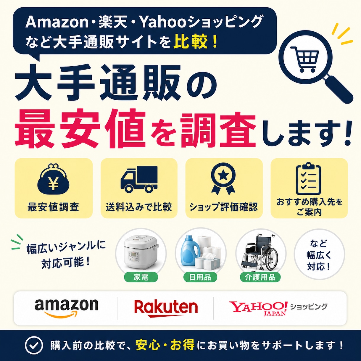 大手通販の最安値を調査します Amazon楽天Yahooなどを比較 イメージ1