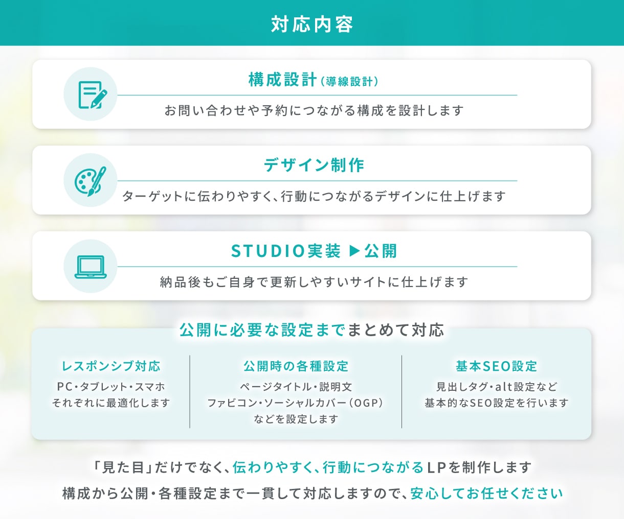 構成からSTUDIO実装→公開まで！一貫対応します 目的に合わせて、伝わる・成果につながるLPを制作します イメージ6