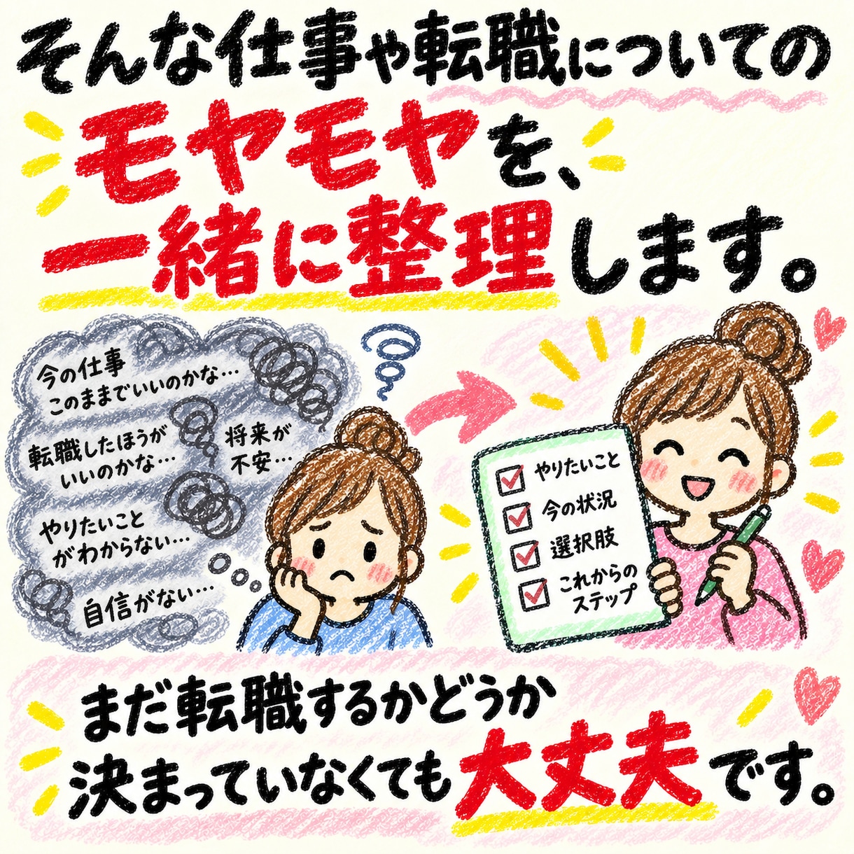 仕事・転職のモヤモヤを一緒に整理します 「辞める？続ける？」から求人・面接・内定の悩みまで気軽に相談 イメージ3