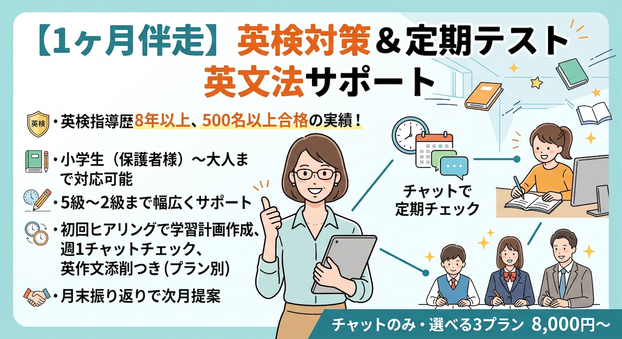 1ヶ月あなたの英語学習サポートします 英検・テスト前の英文法学習などあなたのお悩み解決します！ イメージ1