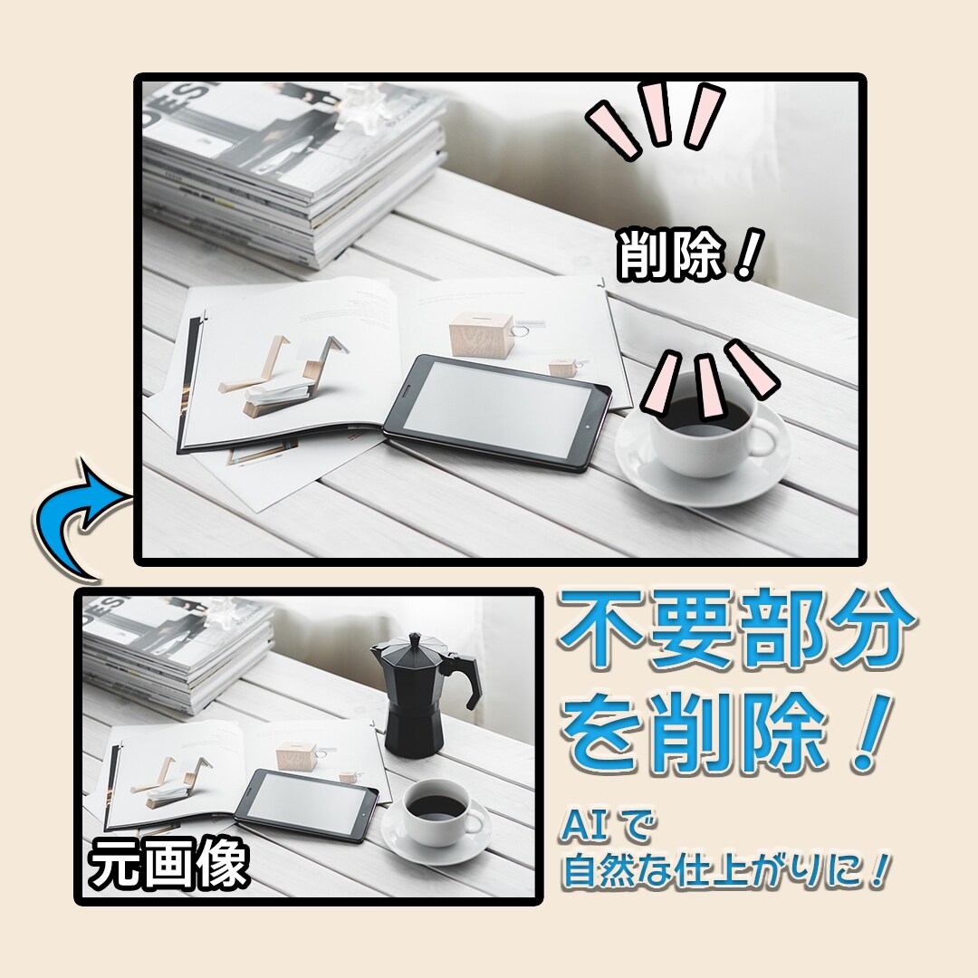 写真・画像のみせたくない部分、不要部分を削除します AI技術を使用し、いらない部分を削除します！ イメージ2