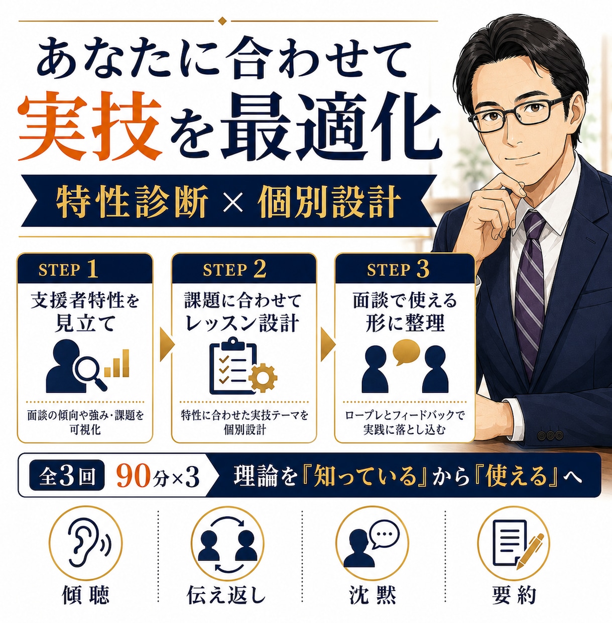 キャリコン面談実技を個別に最適化した練習で高めます 特性別｜90分×3回｜沈黙～理論活用で面談全体を構造的に理解 イメージ2