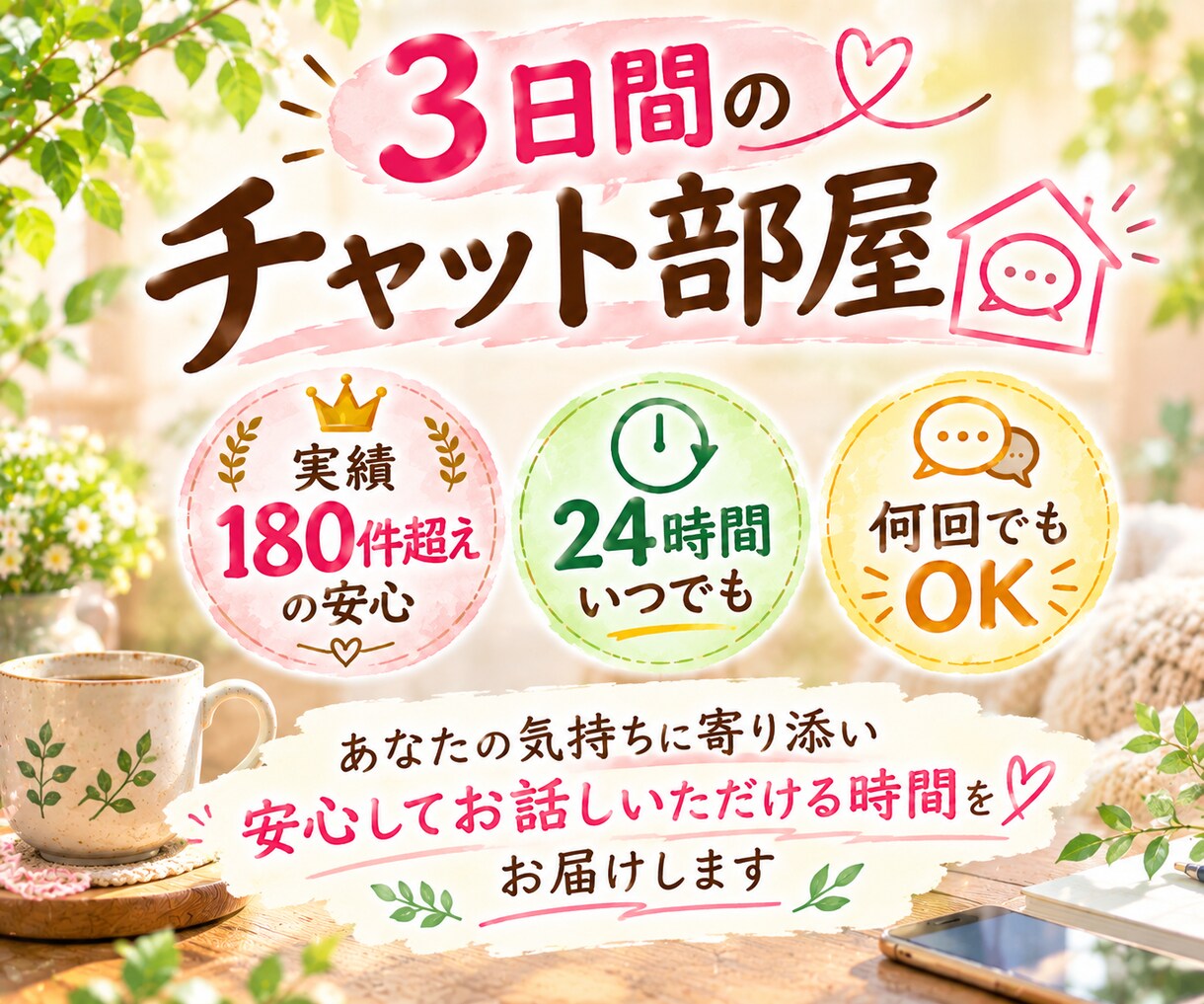 ３日間、やり取り回数無制限で繋がります 利害関係のない「安全な第三者」に本音を吐き出して心に余白を! イメージ1
