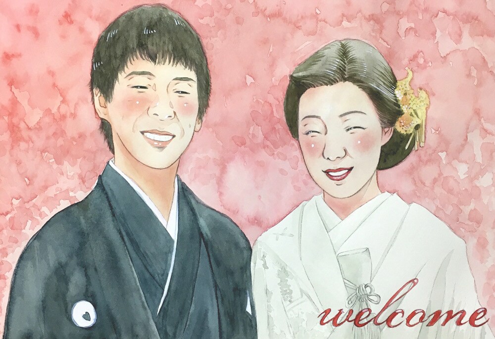 優しい水彩画の似顔絵ウェルカムボード、作成します 簡易額縁付き☆気持ちを込めて、一枚一枚丁寧にお描きします イメージ3