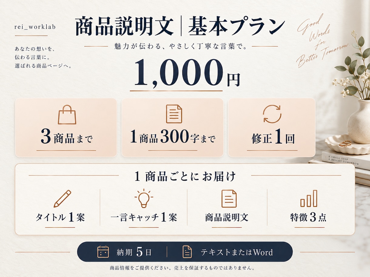 商品の魅力が伝わる説明文を3商品分作成します 箇条書きのメモから、タイトル・説明文・特徴まで一式 イメージ2