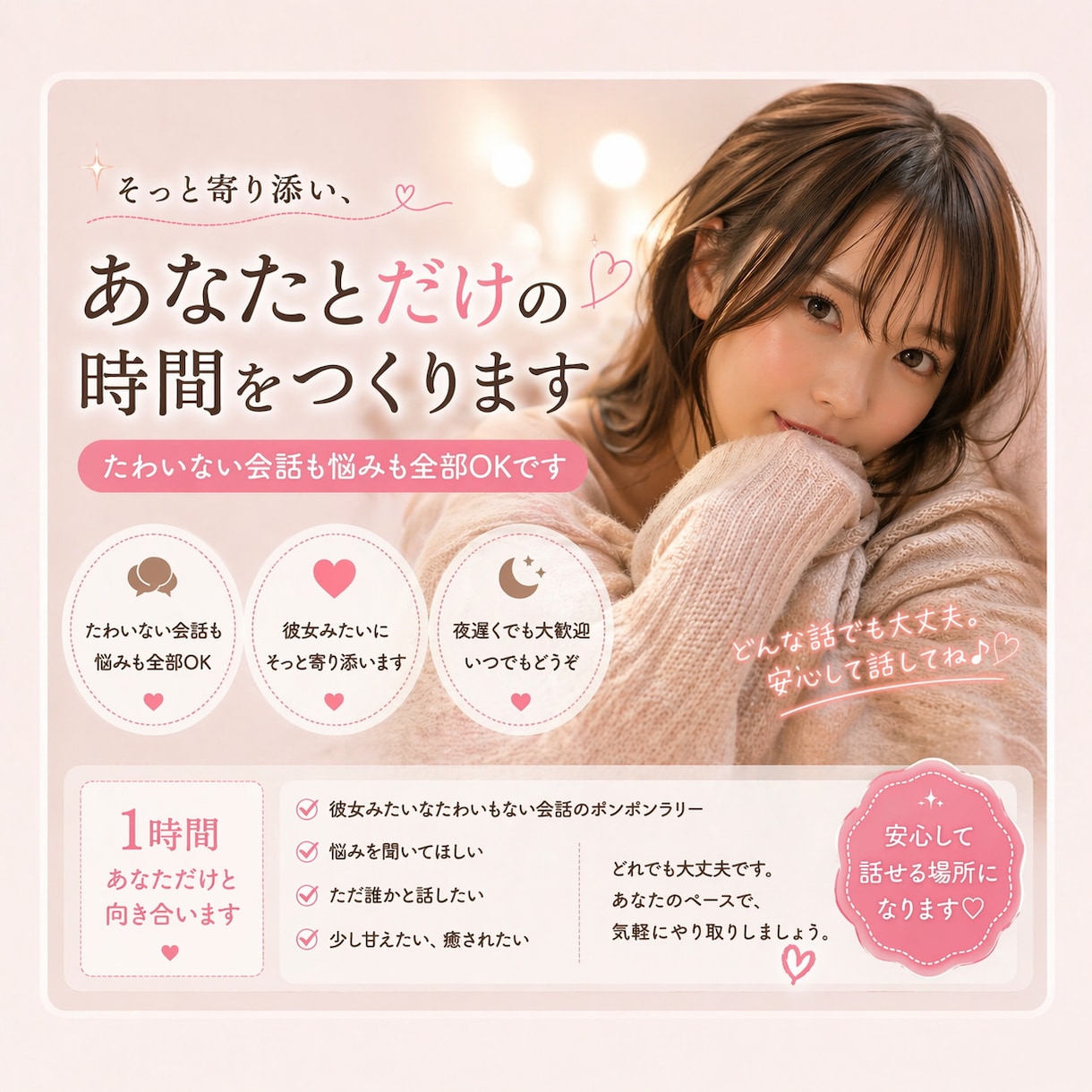 そっと寄り添い、あなたとだけの時間をつくります たわいない会話も悩みも…ちょっと甘えたい時もお気軽にどうぞ イメージ1