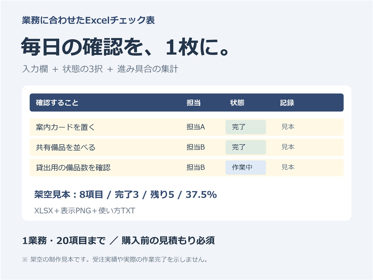 業務に合わせたExcelチェック表を作ります 入力欄と進み具合を1枚に。20項目までの確認表を整えます イメージ1