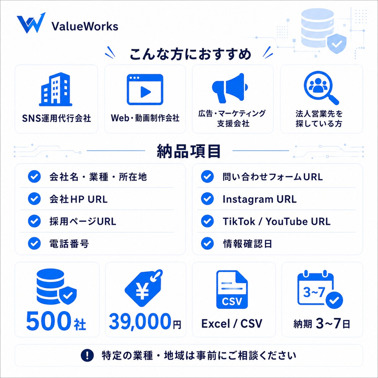 求人・SNS情報付き営業リスト500社を納品します 独自DBで購入者間の重複を避けてSNS・問い合わせ先まで整理 イメージ2