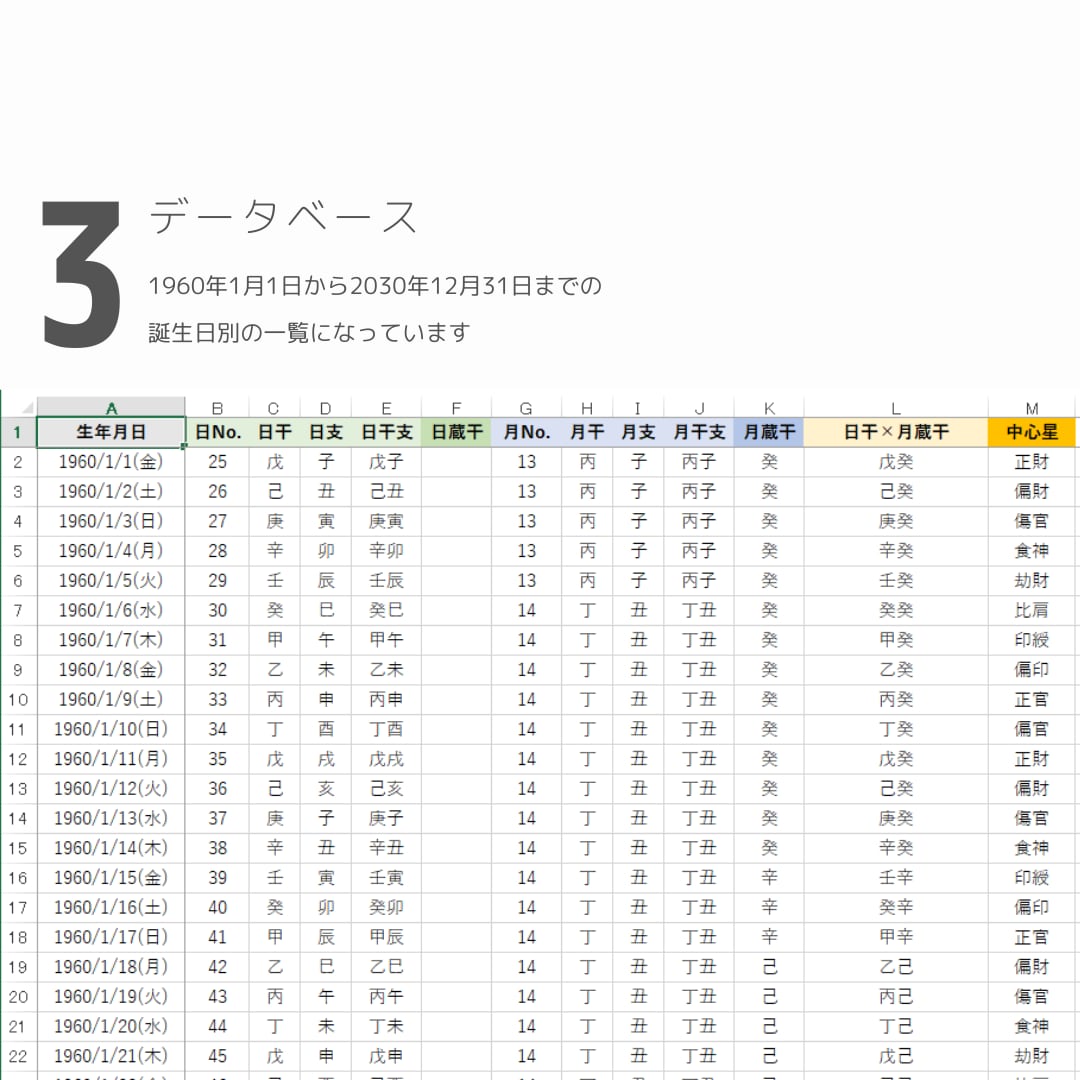 四柱推命がすぐに占える中心星一覧表を送付します 1960-2030年までの誕生日、約25000行のExcel イメージ4