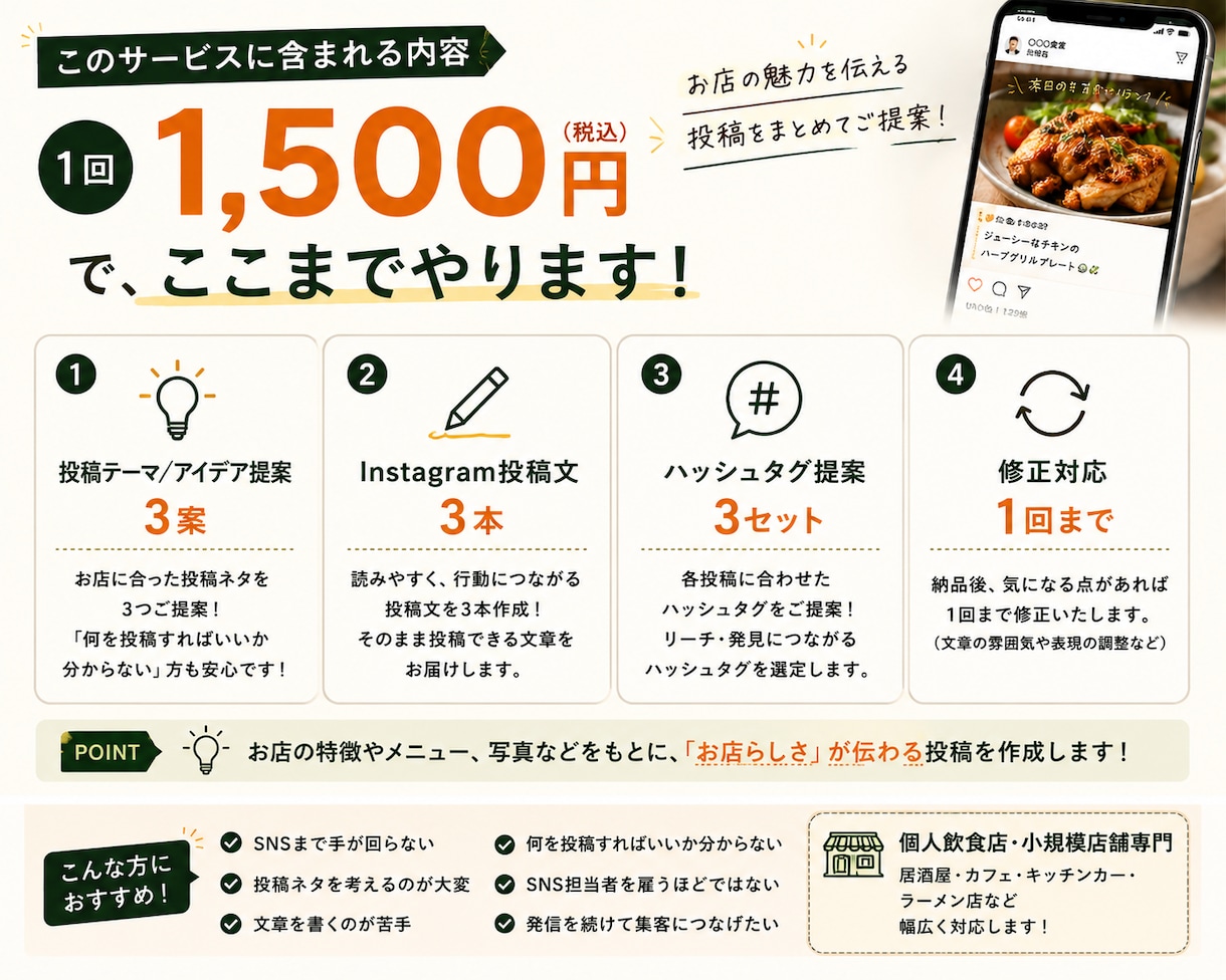 飲食店向けInstagram投稿文3本を作成します 投稿ネタ・文章・ハッシュタグをまとめて提案 イメージ2