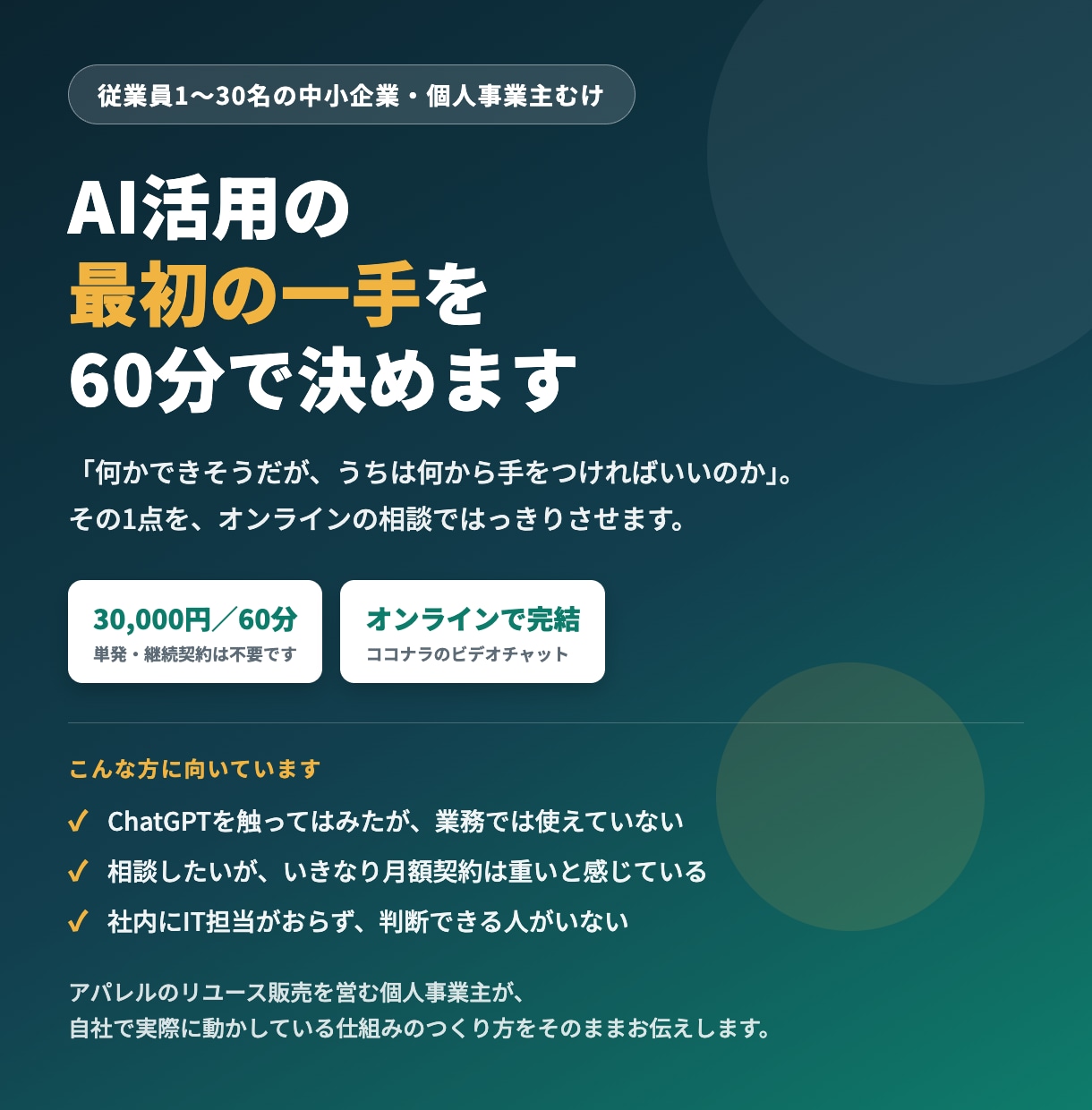 AI導入の進め方を1時間の相談で整理します まず何から？を60分で。中小企業のAI活用スポット相談 イメージ1