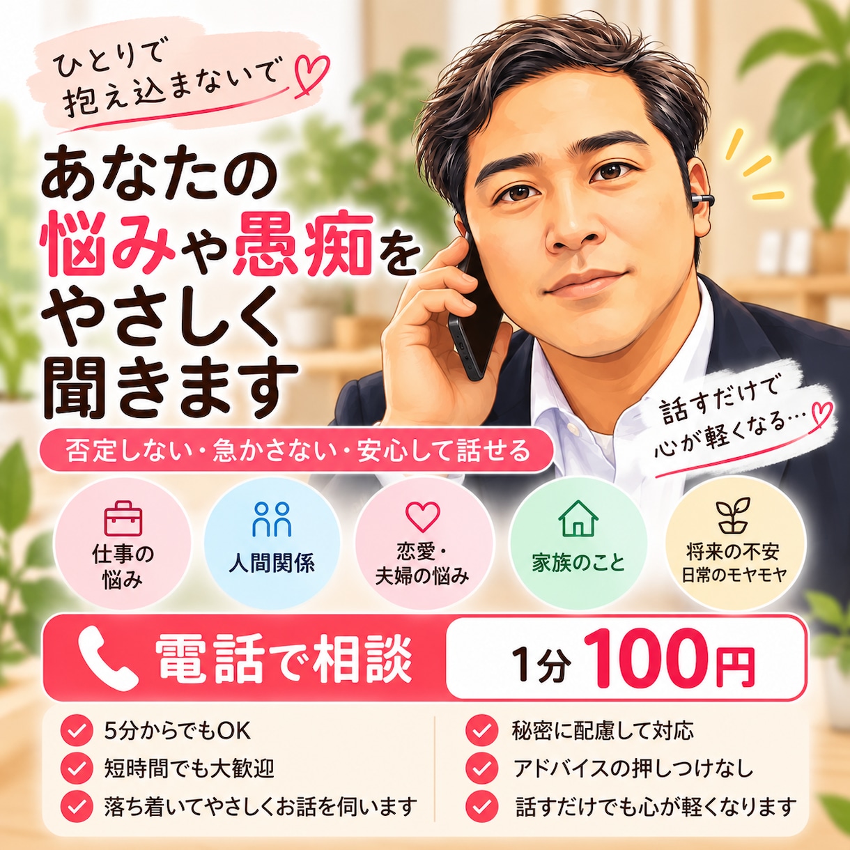 あなたの悩みなど、じっくり聞きます 「話すだけでも、少し心が軽くなる時間を。」 イメージ1