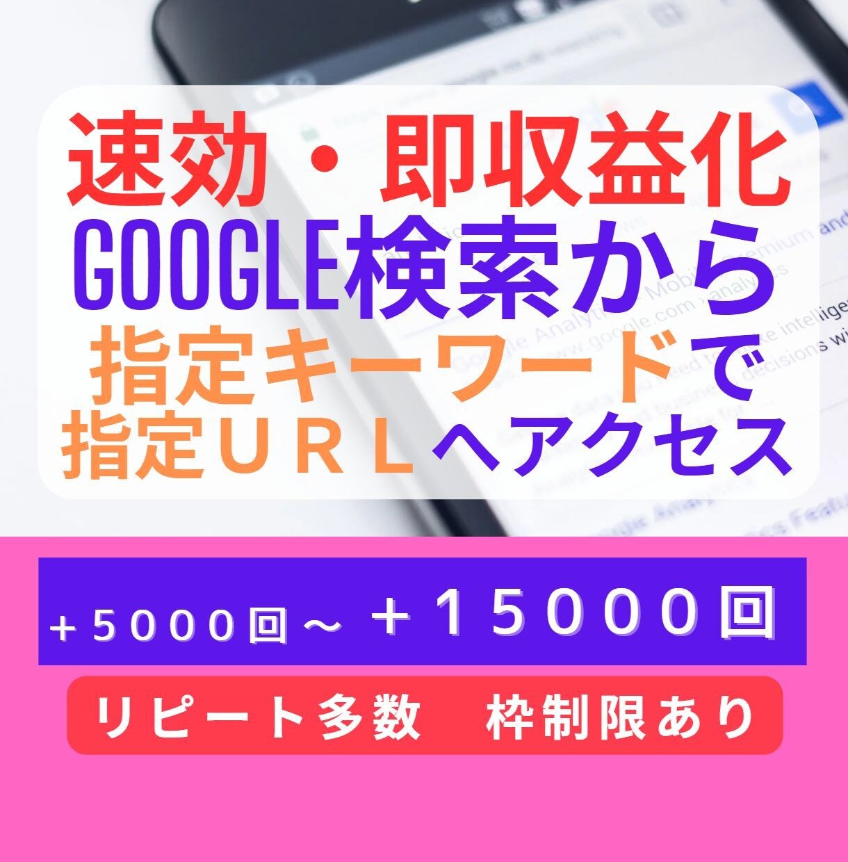 指定キーワードグーグル検索結果からアクセス増します 収益化など即効果・SNSの他通販URL/メルマガ登録や企画に イメージ1